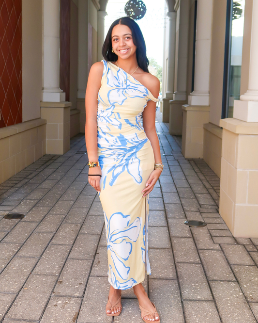 Mink Pink Esme Asymmetric Mesh Maxi Dress | Yellow/Blue Floral