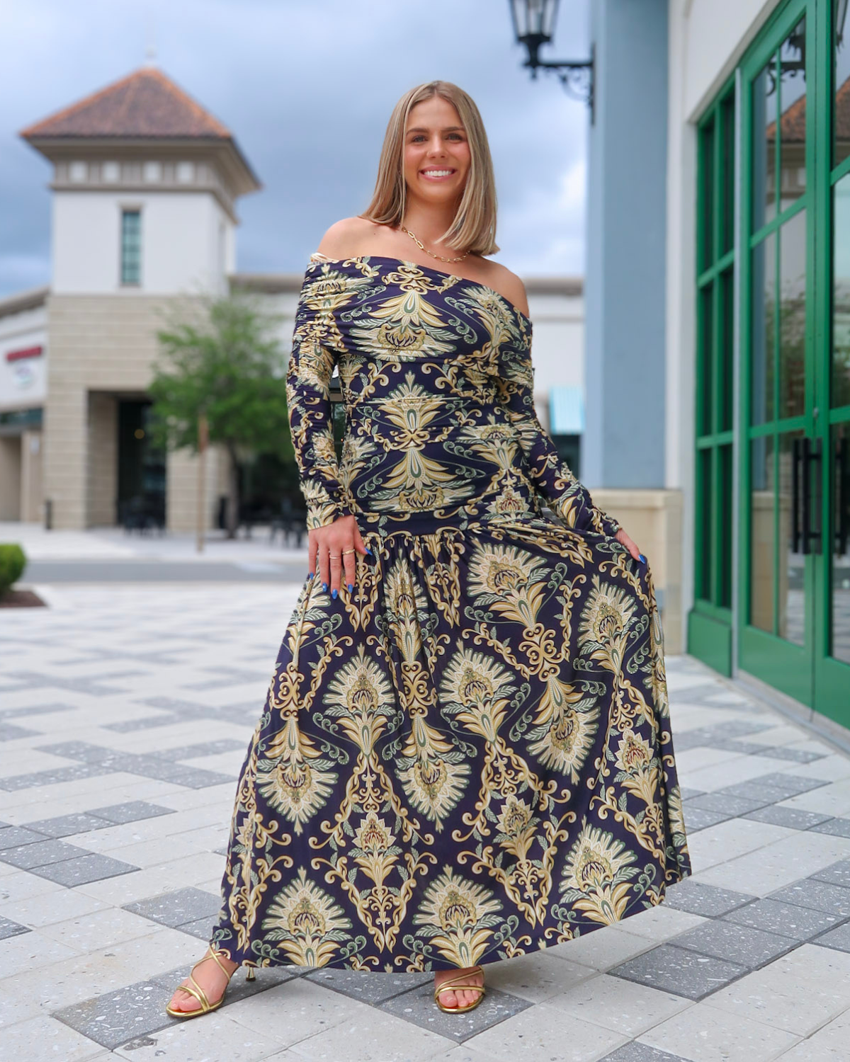 Farm Rio Navy Blue Wonderful Arabesque Off-Shoulder Maxi Dress