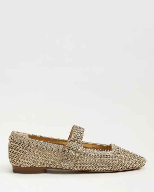 Sam Edelman Michaela Knit Mary Jane Flat | Amber Gold Woven Fabric