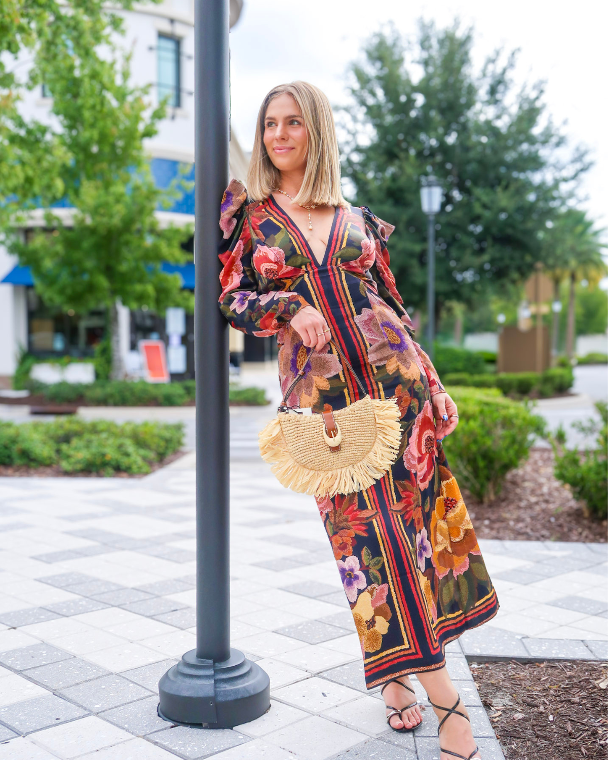 Farm Rio Border Print Long Sleeve Dress | Chenille Flowers Black