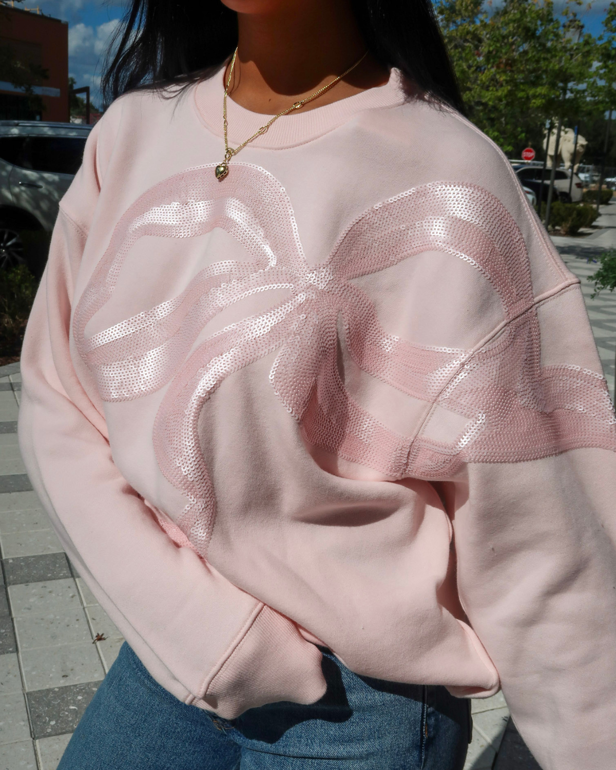 Love Shack Fancy Palo Sequin Bow Fleece Pullover | Wistful Pink