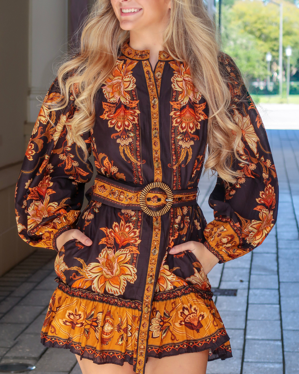 Farm Rio Black Majestic Garden Beaded Buckle Long Sleeve Mini Dress