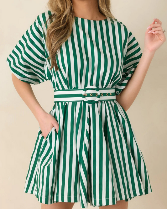 Prosperina Fallon Green Stripe Cotton Swing Dress
