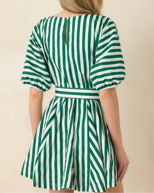 Prosperina Fallon Green Stripe Cotton Swing Dress