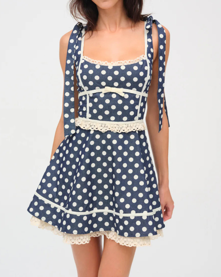 For Love & Lemons Dolly Denim Dot Mini Dress
