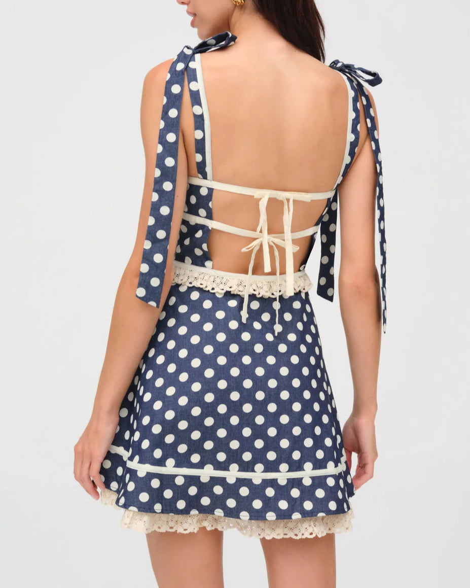 For Love & Lemons Dolly Denim Dot Mini Dress