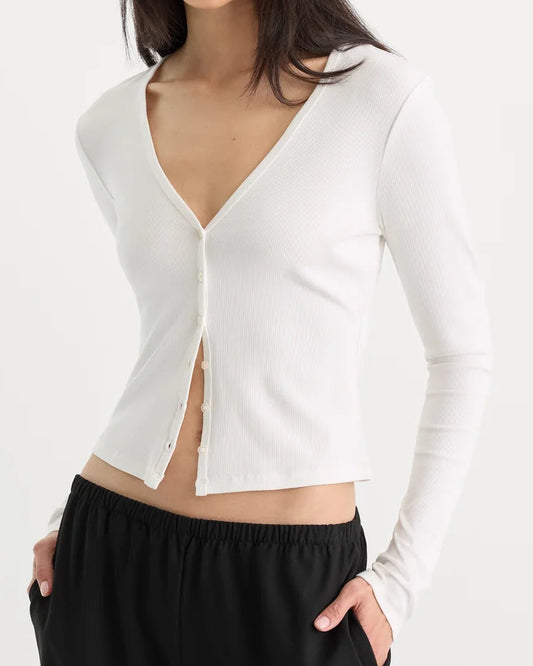 Good American The Rib V Neck Cardigan | Chalk