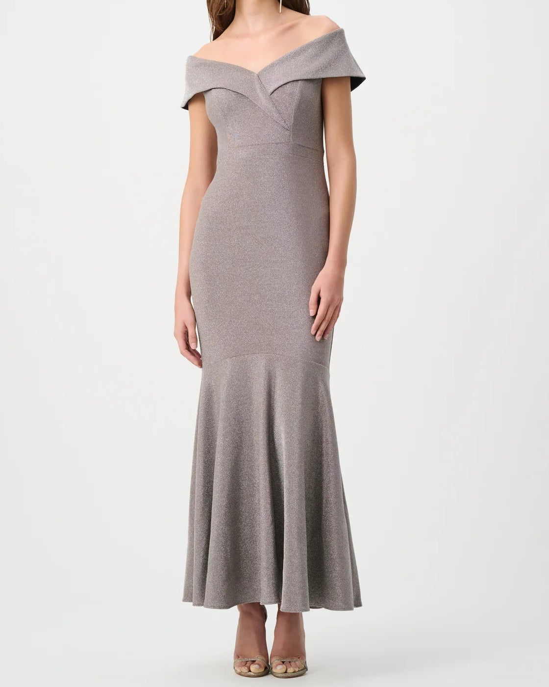 Joseph Ribkoff Off-Shoulder Sparkle Knit Gown | Taupe