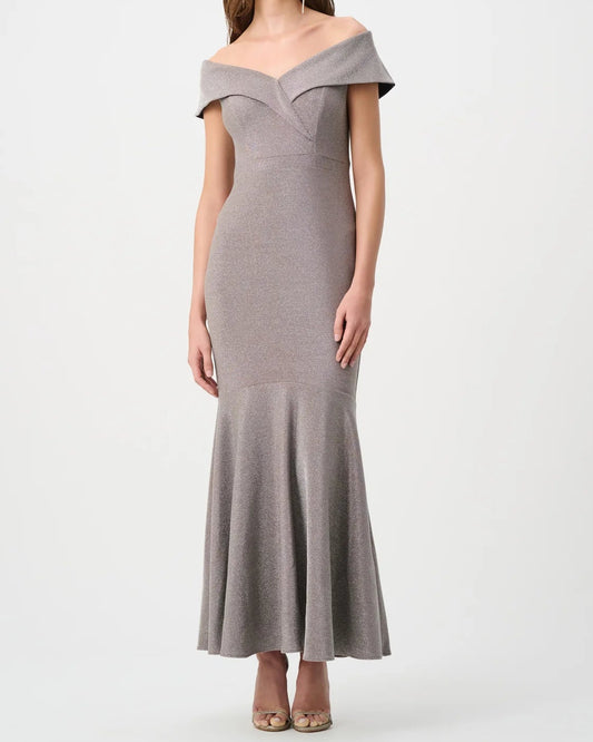 Joseph Ribkoff Off-Shoulder Sparkle Knit Gown | Taupe