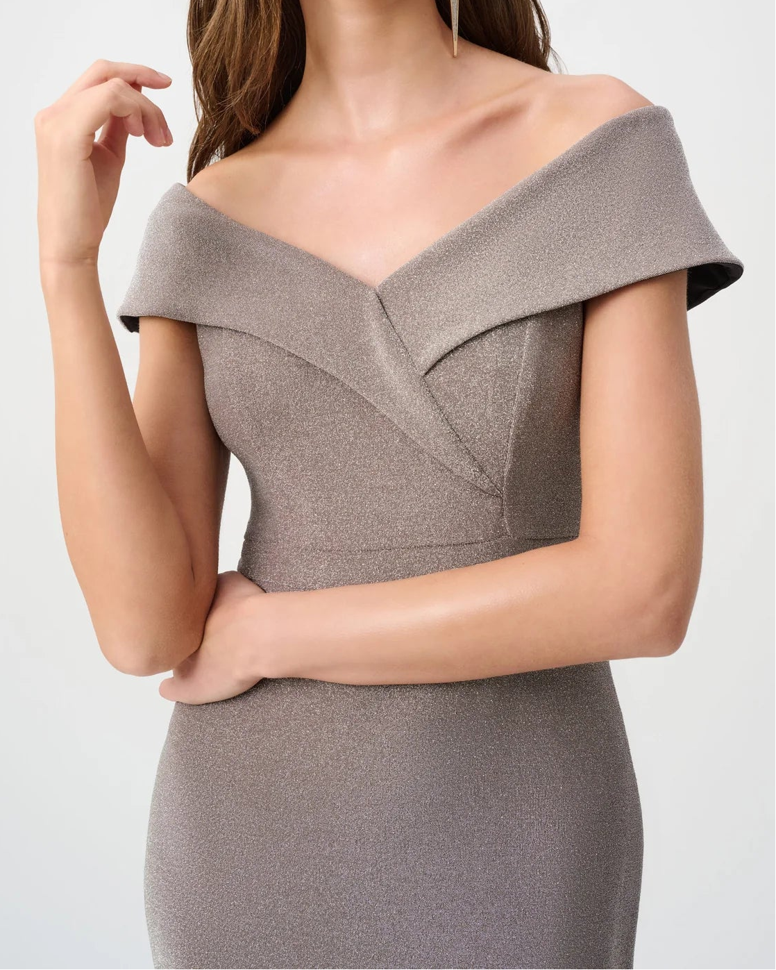 Joseph Ribkoff Off-Shoulder Sparkle Knit Gown | Taupe