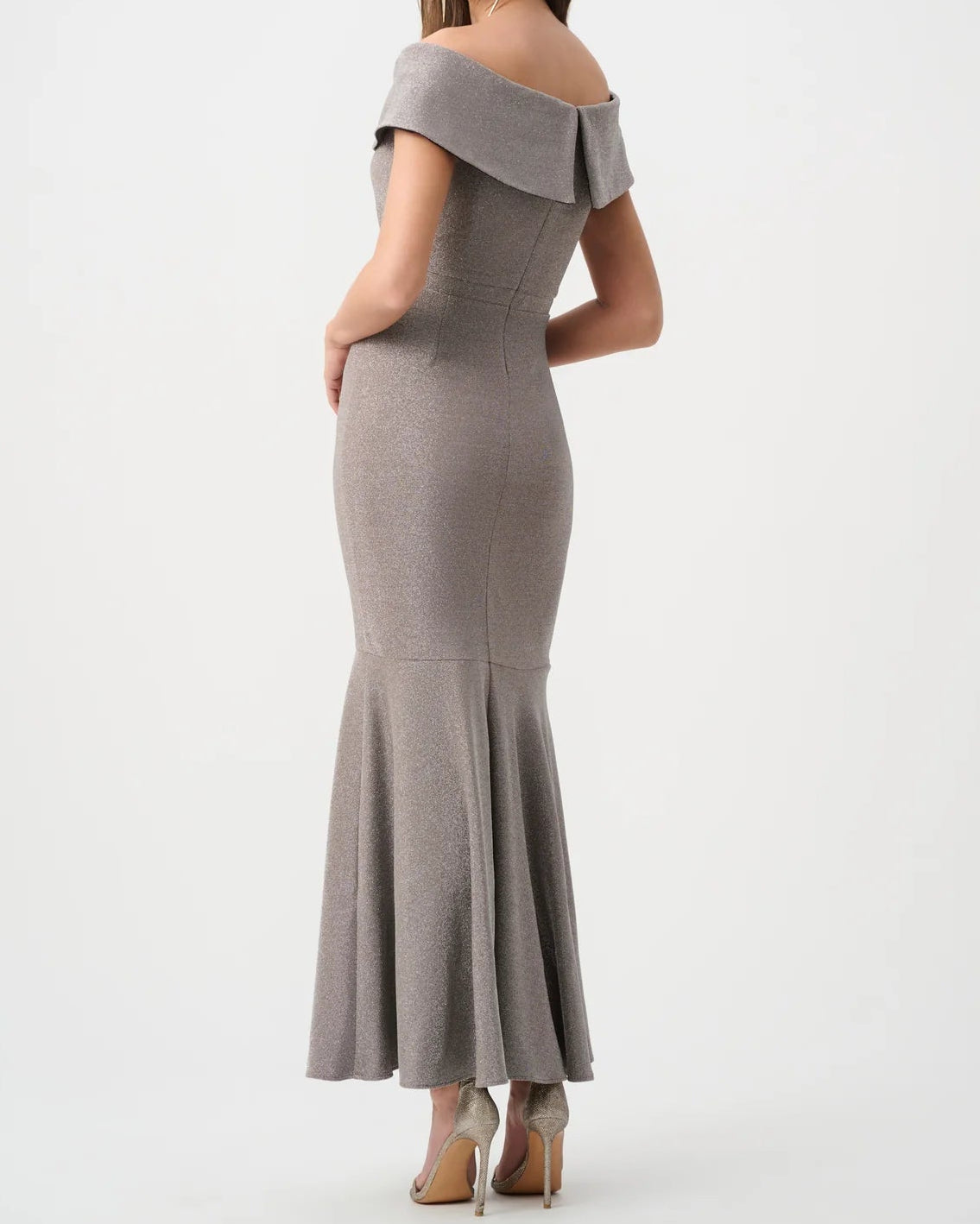 Joseph Ribkoff Off-Shoulder Sparkle Knit Gown | Taupe