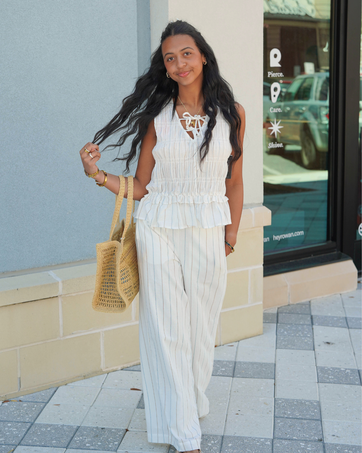Liverpool Sleeveless Tie Front Woven Top | Cream Blue Multi Stripe