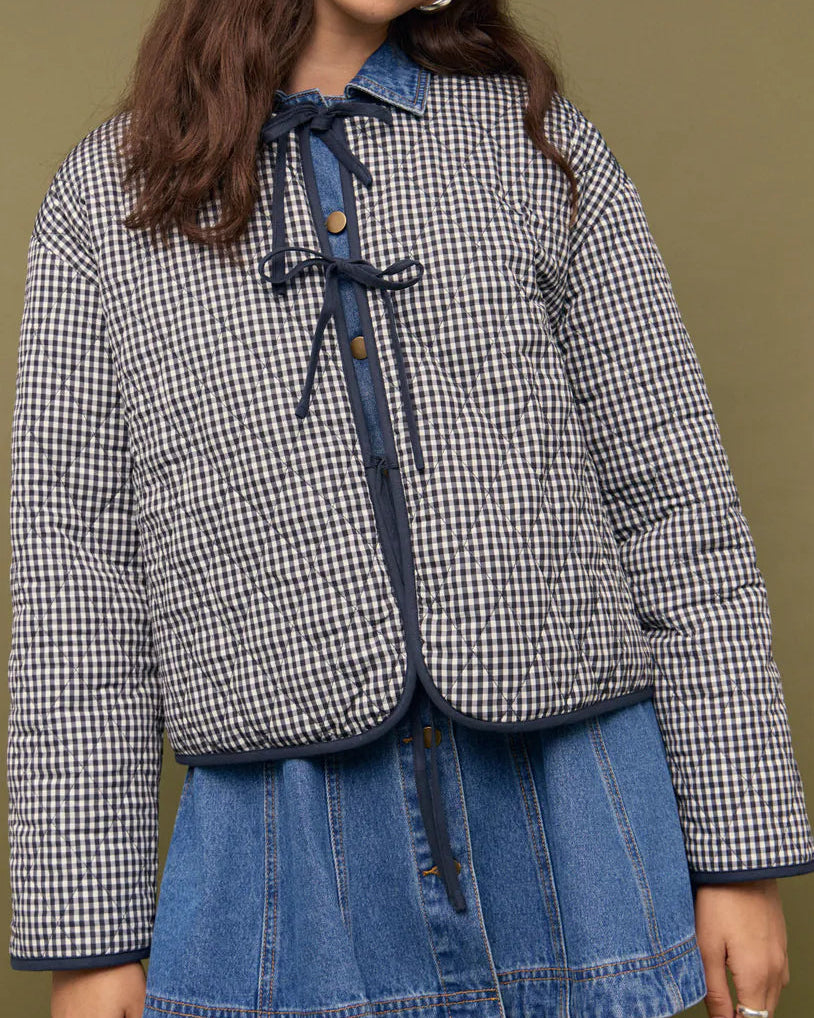 Mink Pink Blue Tie Front Reversible Quilted Jacket | Navy/White