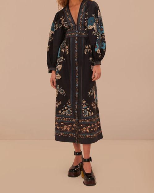 Farm Rio Blossom Tapestry Black Midi Dress