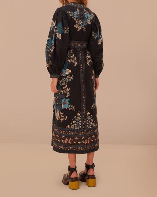 Farm Rio Blossom Tapestry Black Midi Dress