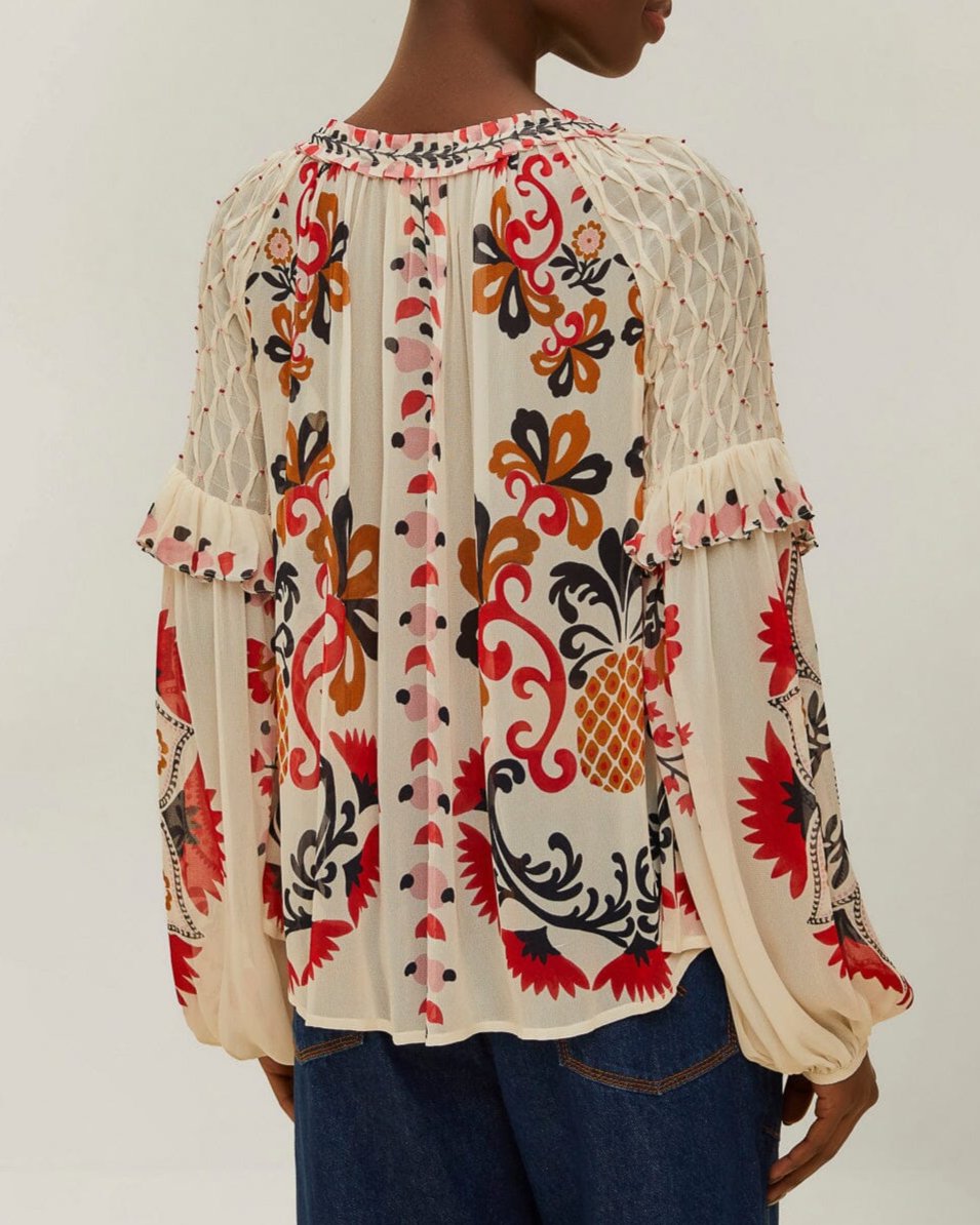 Farm Rio Cream Cashew Mandala Embroidered Blouse