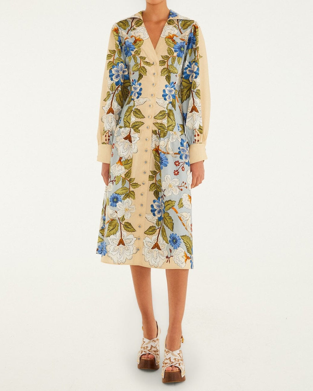 Farm Rio Sand Garden Scarf Long Sleeve Organic Cotton Midi Dress