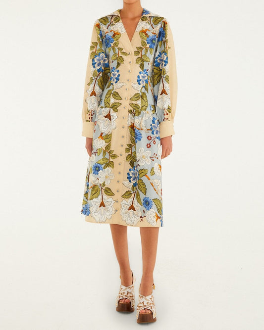 Farm Rio Sand Garden Scarf Long Sleeve Organic Cotton Midi Dress