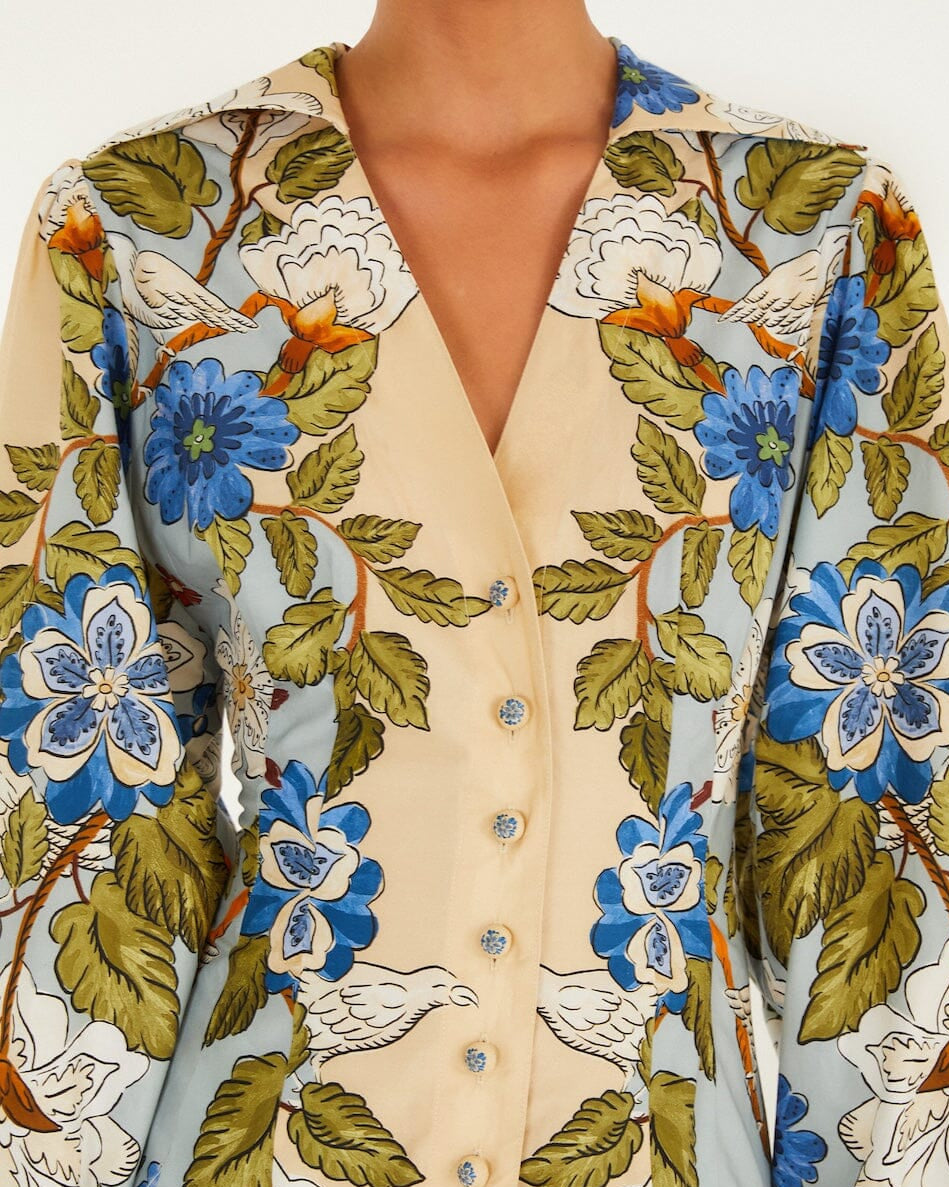 Farm Rio Sand Garden Scarf Long Sleeve Organic Cotton Midi Dress