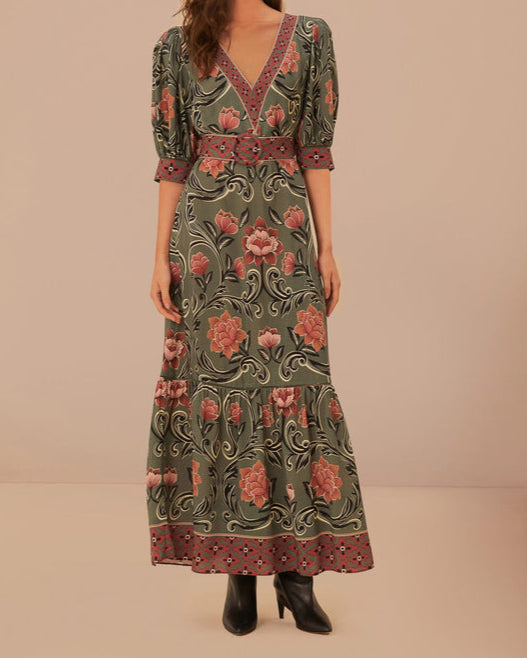 Farm Rio Arabesque Floral Green Maxi Dress