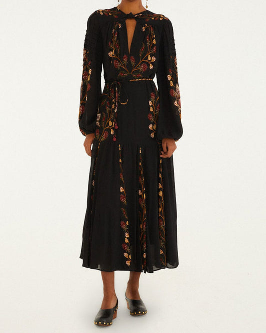 Farm Rio Black Berry Garden Long Sleeve Pleated Maxi Dress