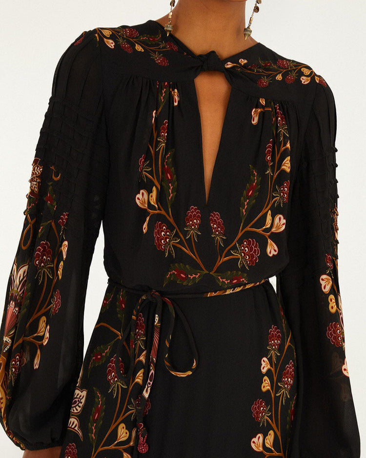 Farm Rio Black Berry Garden Long Sleeve Pleated Maxi Dress