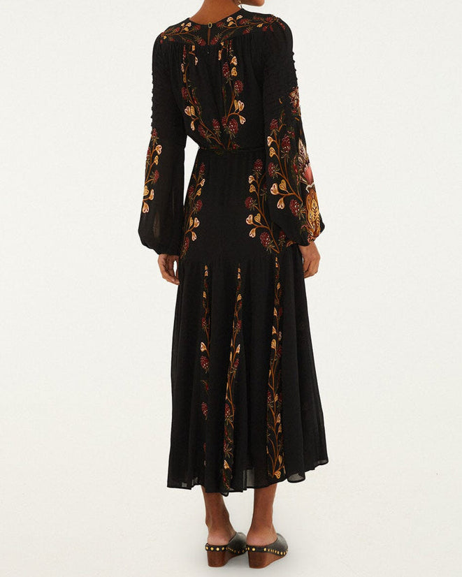 Farm Rio Black Berry Garden Long Sleeve Pleated Maxi Dress