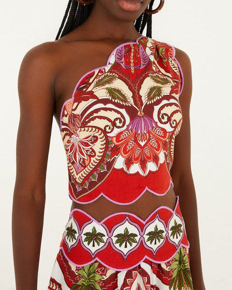 Farm Rio Red Odara Scallops One-Shoulder Top