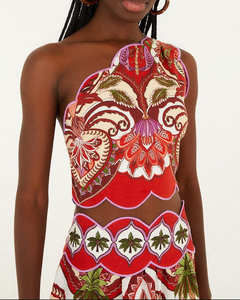 Farm Rio Red Odara Scallops One-Shoulder Top