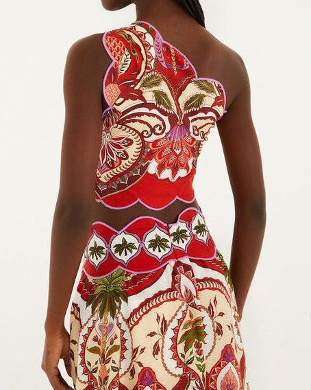 Farm Rio Red Odara Scallops One-Shoulder Top