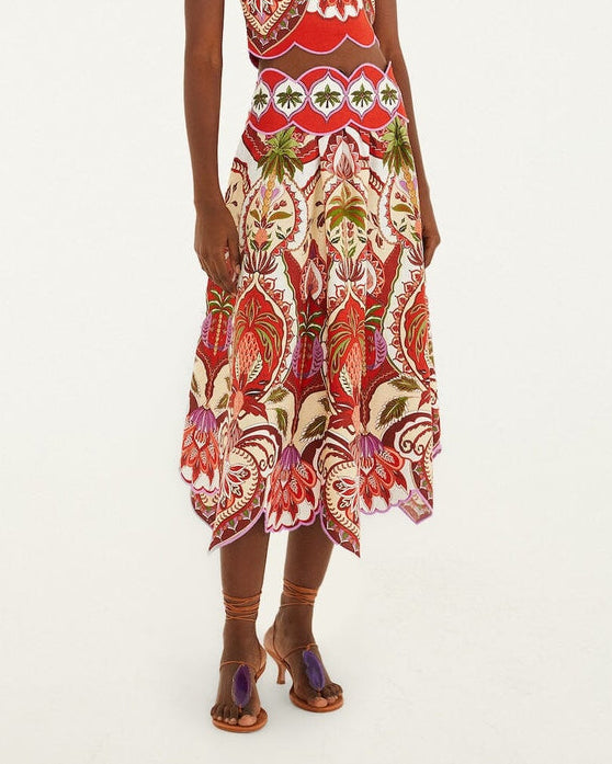 Farm Rio Red Odara Scallops Midi Skirt