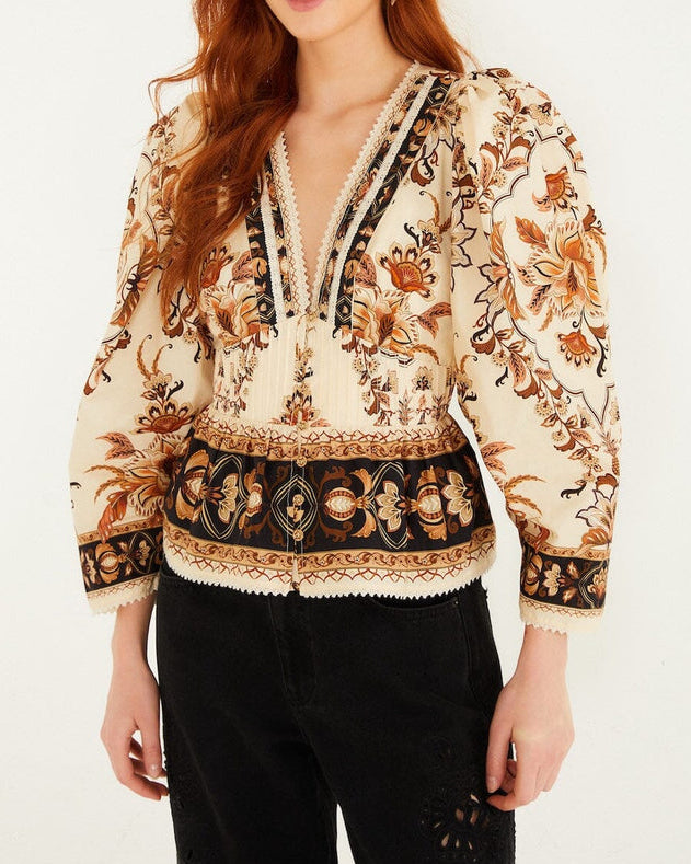 Farm Rio Sand Majestic Garden Lace Puff Sleeve Organic Cotton Blouse