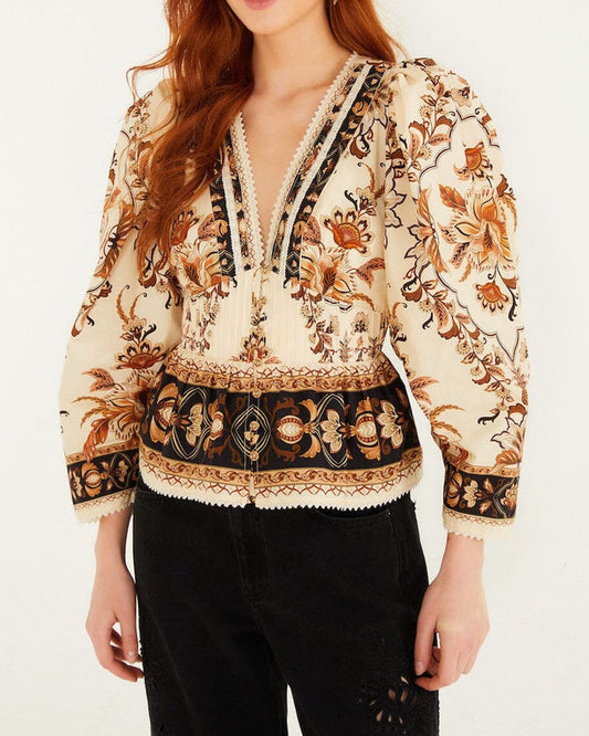 Farm Rio Sand Majestic Garden Lace Puff Sleeve Organic Cotton Blouse