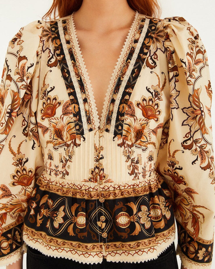 Farm Rio Sand Majestic Garden Lace Puff Sleeve Organic Cotton Blouse
