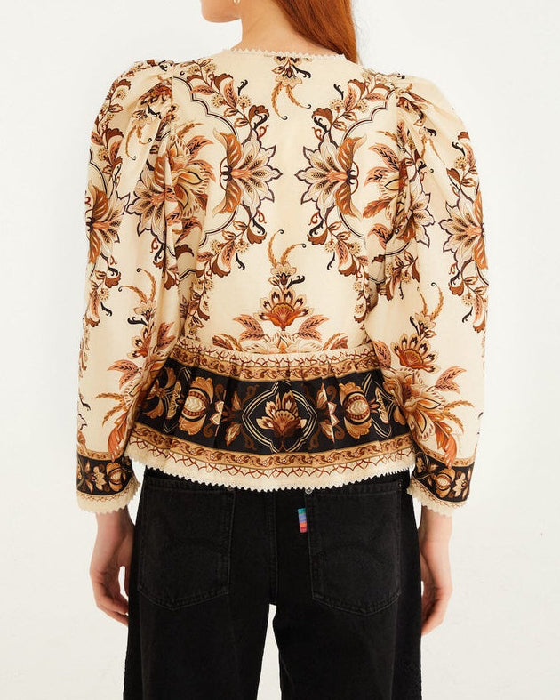 Farm Rio Sand Majestic Garden Lace Puff Sleeve Organic Cotton Blouse