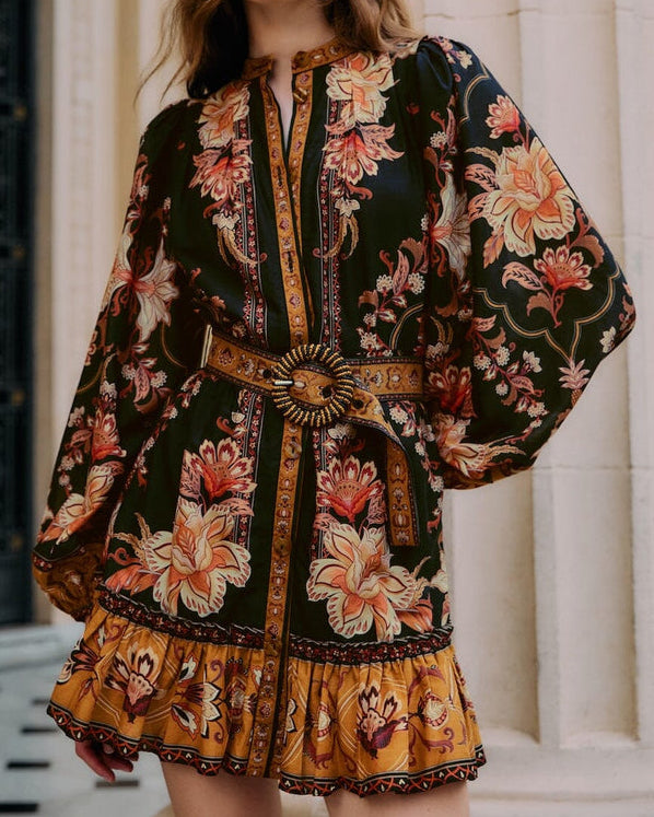 Farm Rio Black Majestic Garden Beaded Buckle Long Sleeve Mini Dress