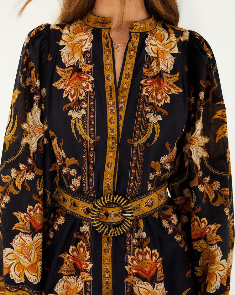 Farm Rio Black Majestic Garden Beaded Buckle Long Sleeve Mini Dress