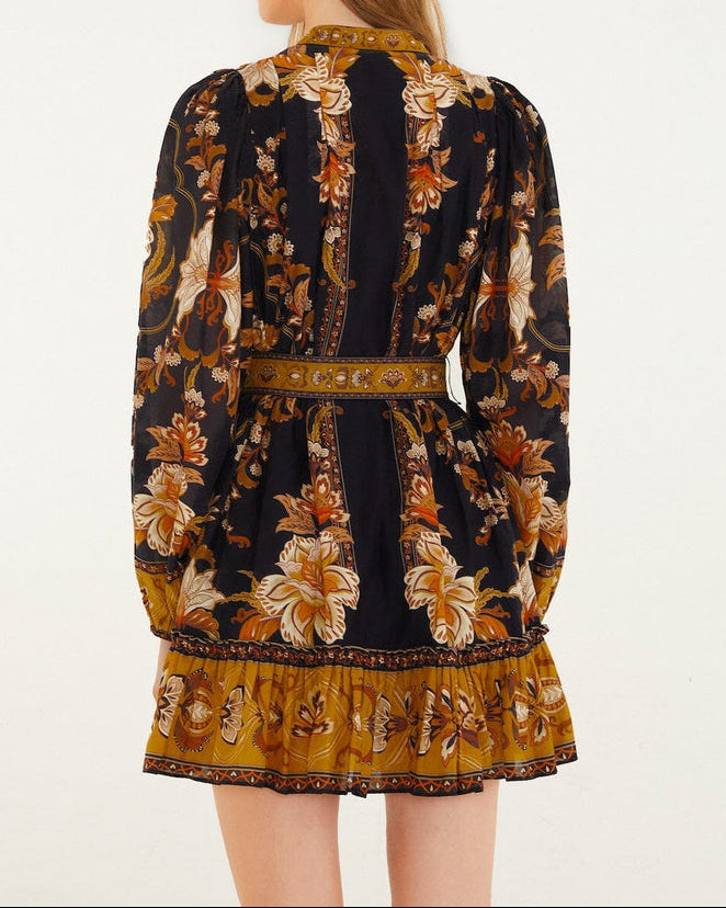 Farm Rio Black Majestic Garden Beaded Buckle Long Sleeve Mini Dress