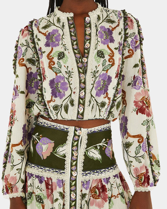 Farm Rio Cream Rococo Flowers Lace Long Sleeve Blouse