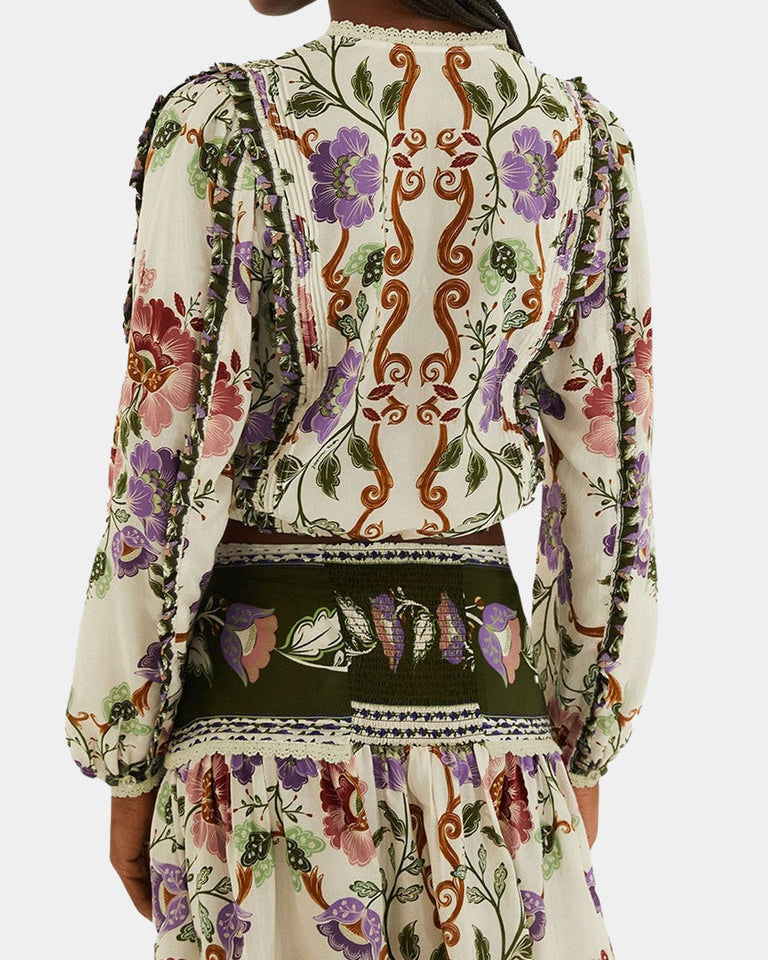 Farm Rio Cream Rococo Flowers Lace Long Sleeve Blouse
