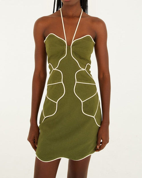 Farm Rio Green Wavy Trim Halter Neck Mini Dress
