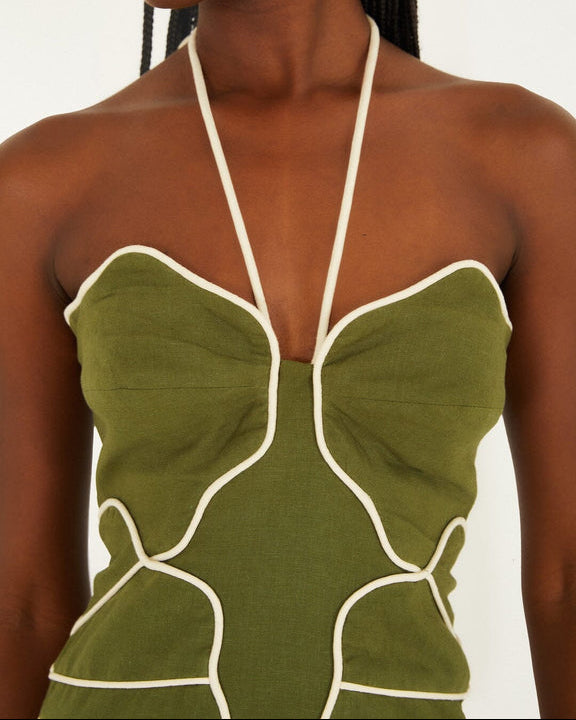 Farm Rio Green Wavy Trim Halter Neck Mini Dress