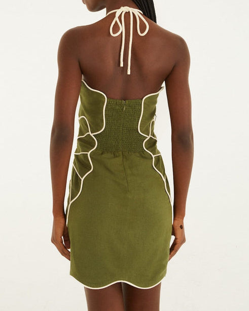 Farm Rio Green Wavy Trim Halter Neck Mini Dress