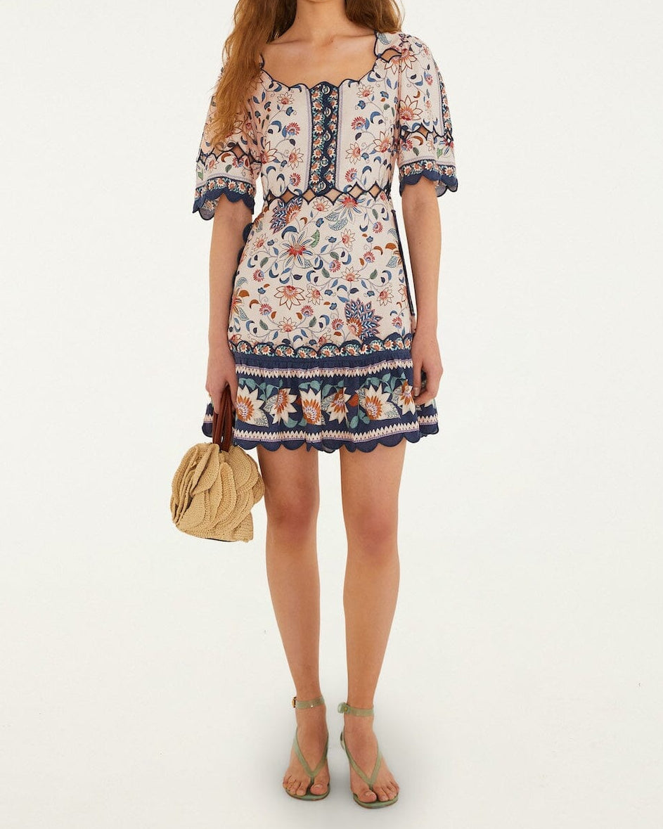 Farm Rio Pink Floral Delhi Tapestry Scallop Cut-Out Mini Dress