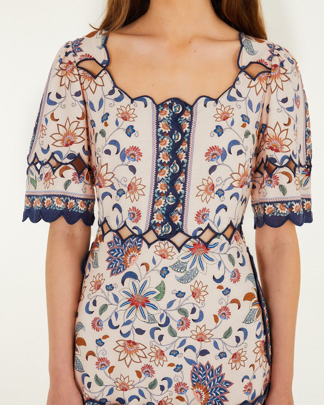 Farm Rio Pink Floral Delhi Tapestry Scallop Cut-Out Mini Dress