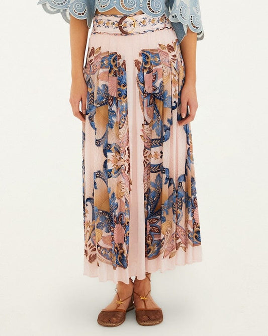 Farm Rio Soft Pink Sea Garden Scarf Pleated Maxi Skirt