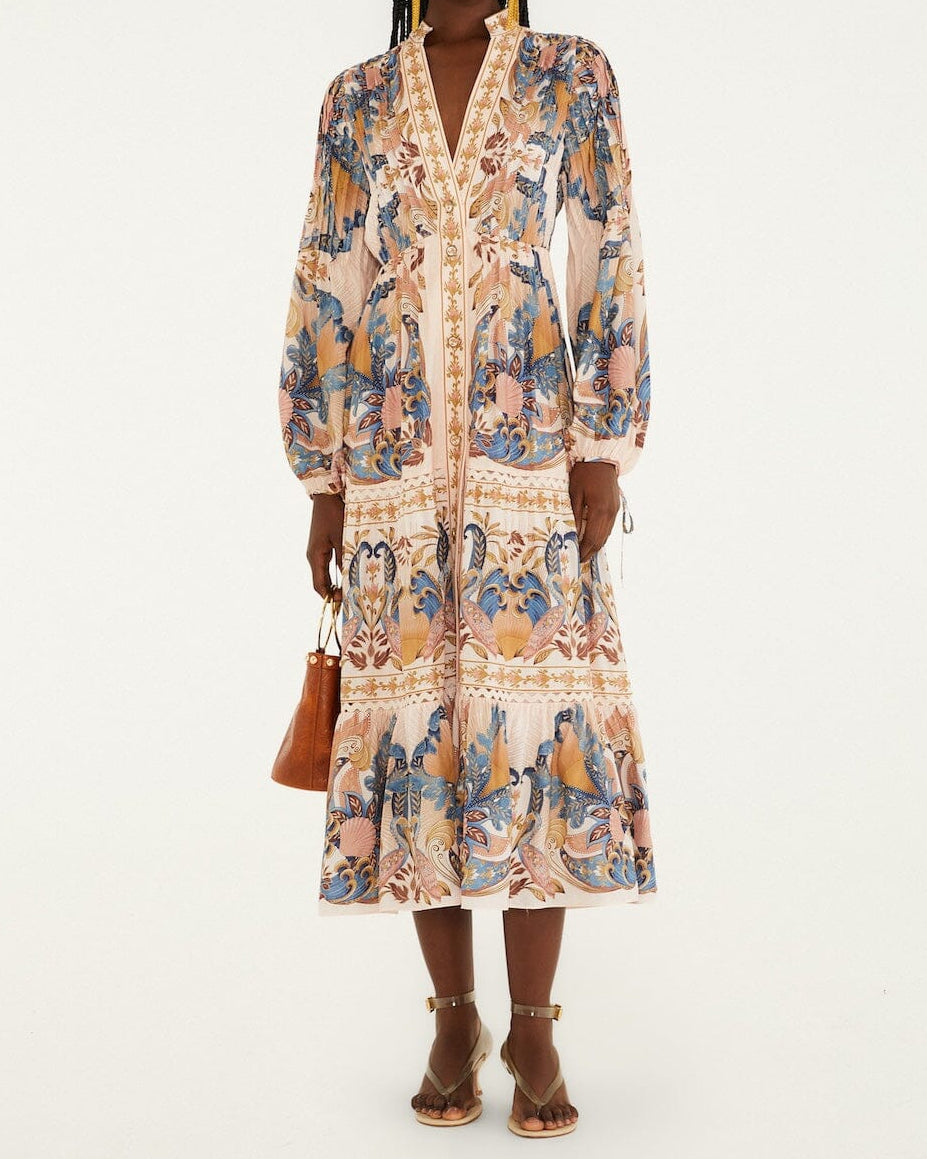 Farm Rio Soft Pink Sea Garden Scarf Pleated Midi Dress