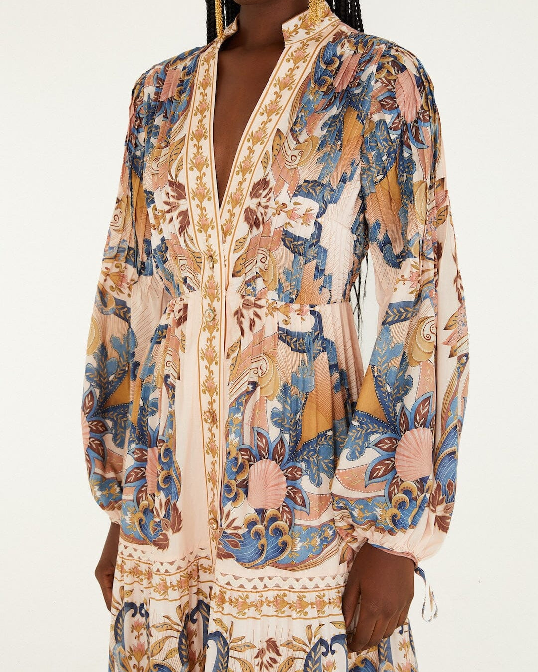 Farm Rio Soft Pink Sea Garden Scarf Pleated Midi Dress