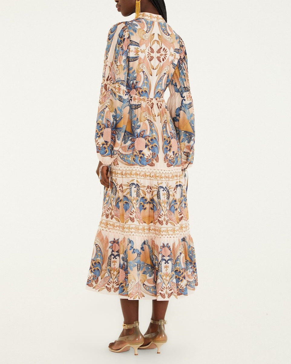 Farm Rio Soft Pink Sea Garden Scarf Pleated Midi Dress