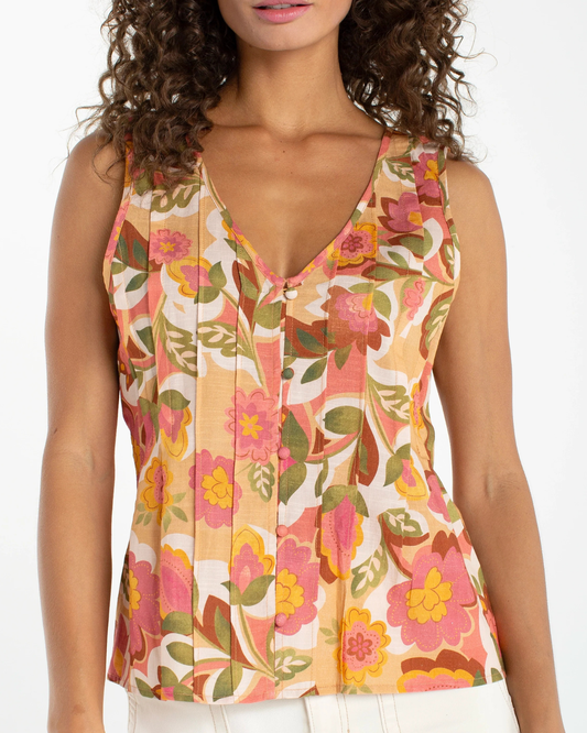 Liverpool Sleeveless V-neck Woven Top | Tan Floral Multi